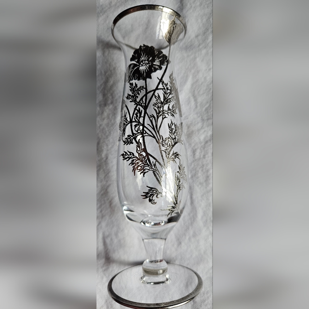 Silver City Glass Co 7" pedestal clear vase w/ Silver floral overlay
